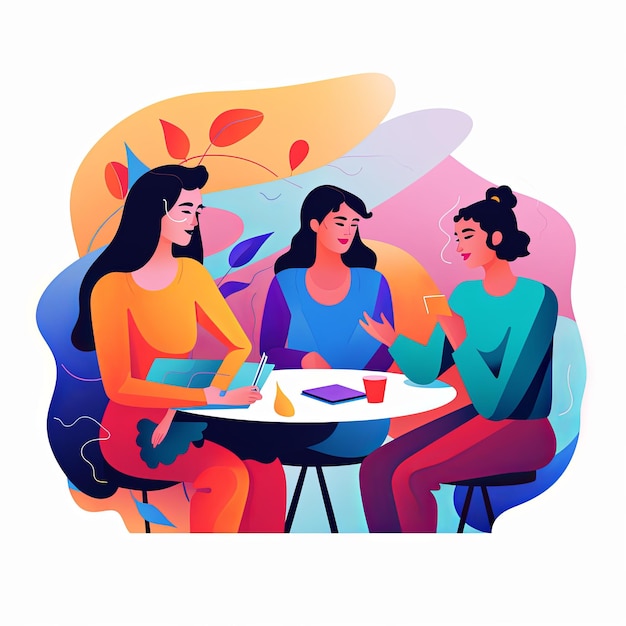 Фото Иллюстрация в плоском векторном стиле разнообразная группа людей, разговаривающих и сотрудничающих