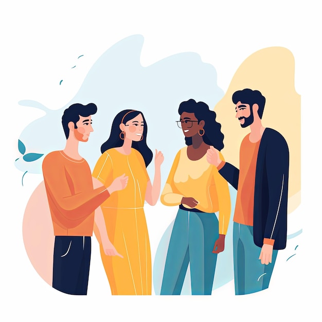 Фото Иллюстрация в плоском векторном стиле разнообразная группа людей, разговаривающих и сотрудничающих