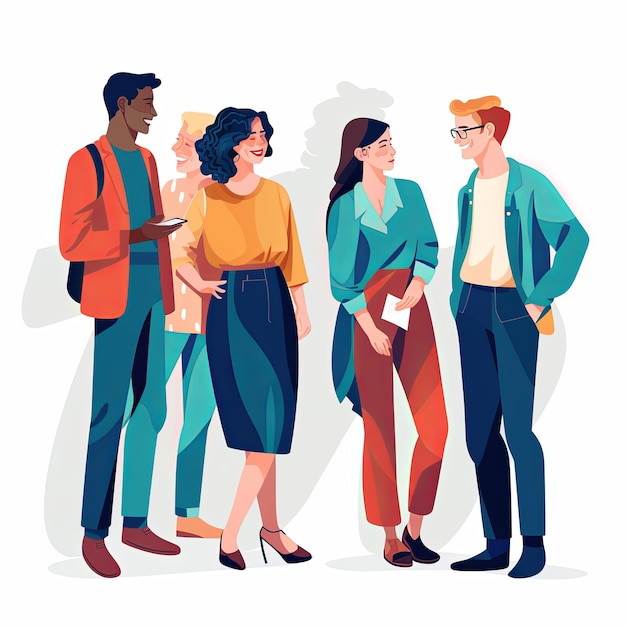 flat vector style illustration a diverse group of people talking and collaborating on white background v 52 Job ID 302bb0f5774b496f841c8124eacd7814
