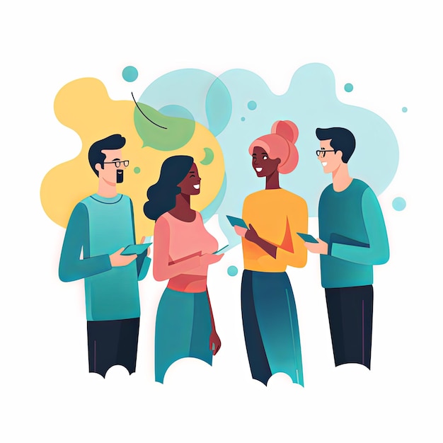flat vector style illustration a diverse group of people talking and collaborating on white background v 52 Job ID 4004e4ddd0b349d2afe31b82031d73e9