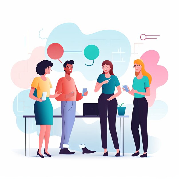 Foto flat vector style illustration a diverse group of people talking and collaborating on white background v 52 job id 52b374220ee74801a402fb9e58996964