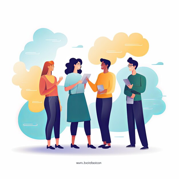 flat vector style illustration a diverse group of people talking and collaborating on white background v 52 Job ID 54b10080a7e24e61805ca53e8d629480