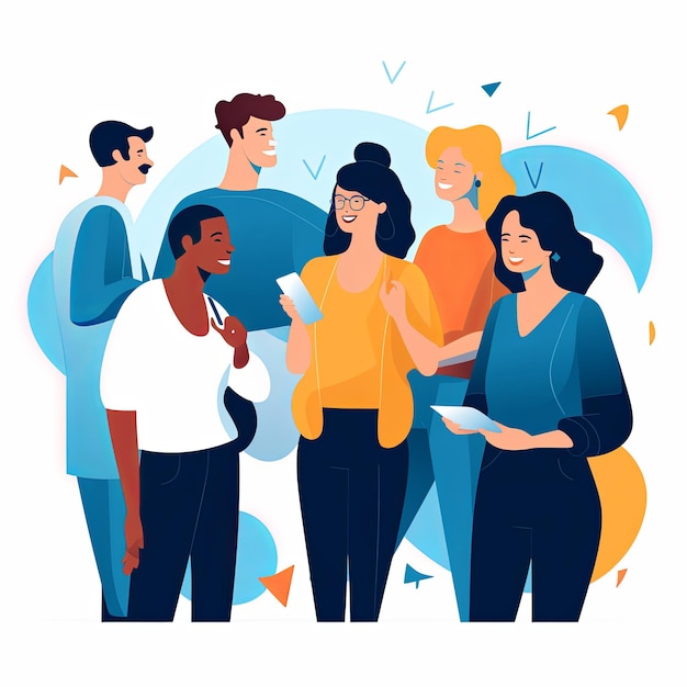 flat vector style illustration a diverse group of people talking and collaborating on white background v 52 Job ID 58f529edc987486188ab8d518d5880f0