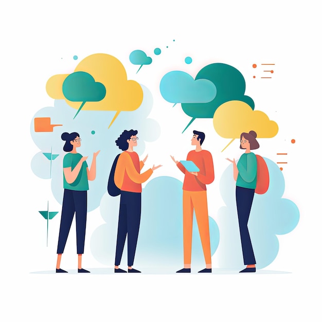 flat vector style illustration a diverse group of people talking and collaborating on white background v 52 Job ID 86f8b6a3dde44172a8ed82e865e2821b