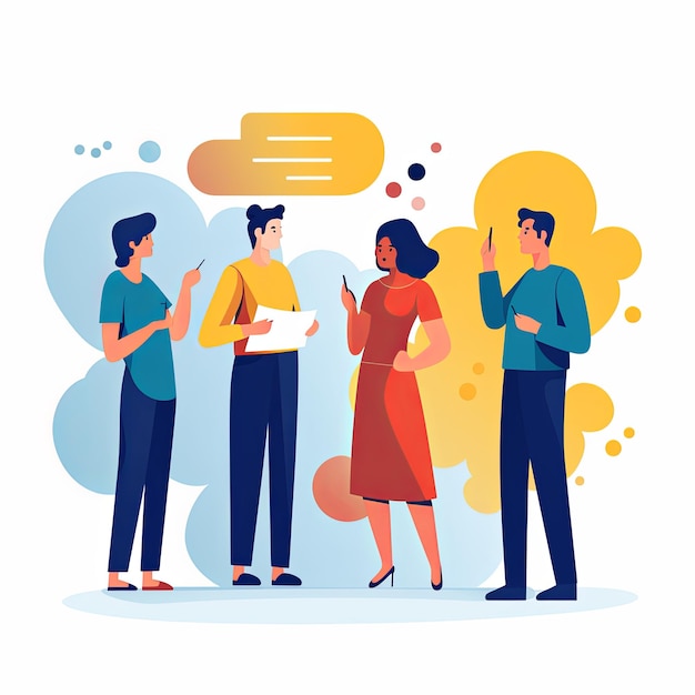 flat vector style illustration a diverse group of people talking and collaborating on white background v 52 Job ID 91c550688f2244d1a0d93de25ae7b28d