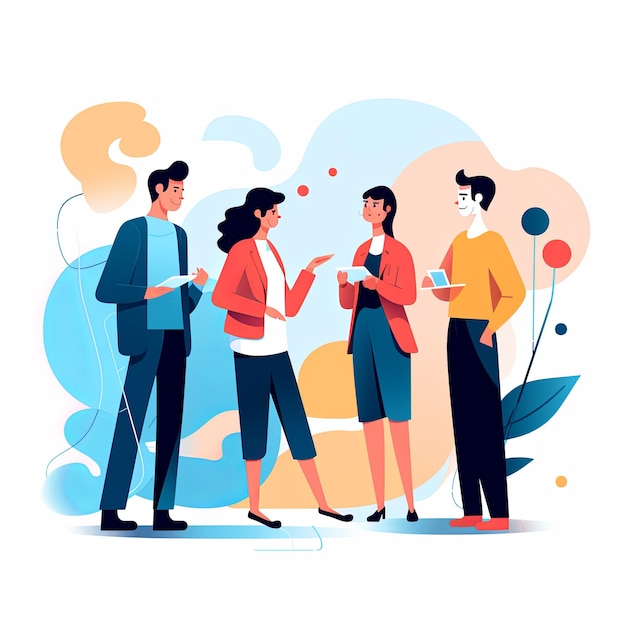 flat vector style illustration a diverse group of people talking and collaborating