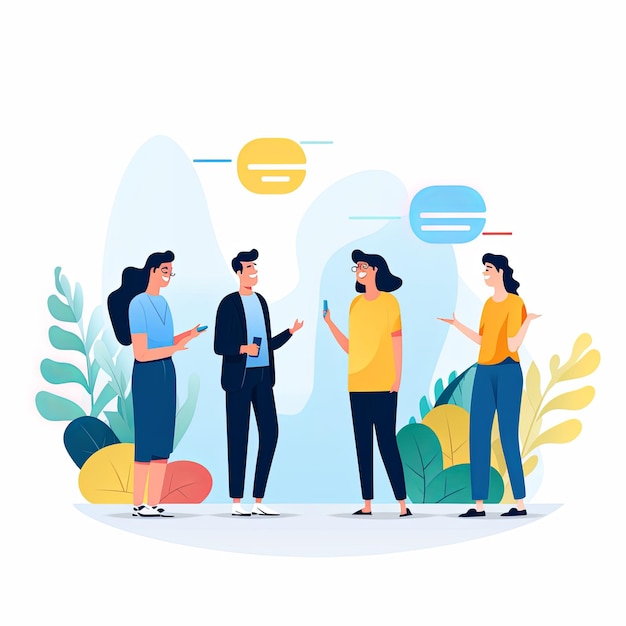 flat vector style illustration a diverse group of people talking and collaborating