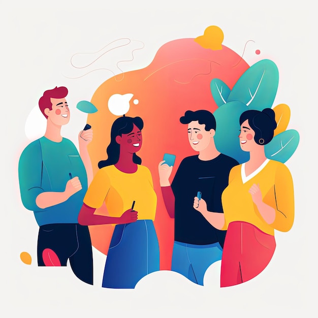 иллюстрация в плоском векторном стиле разнообразная группа людей, разговаривающих и сотрудничающих