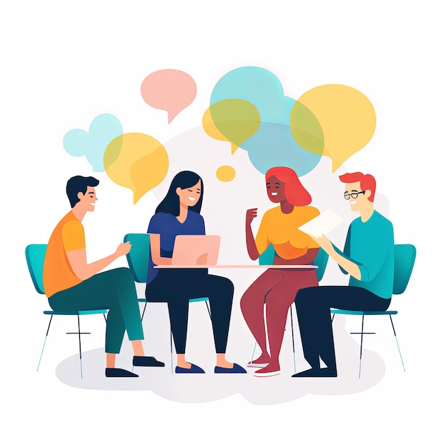 Foto flat vector style illustration a diverse group of people talking and collaborating