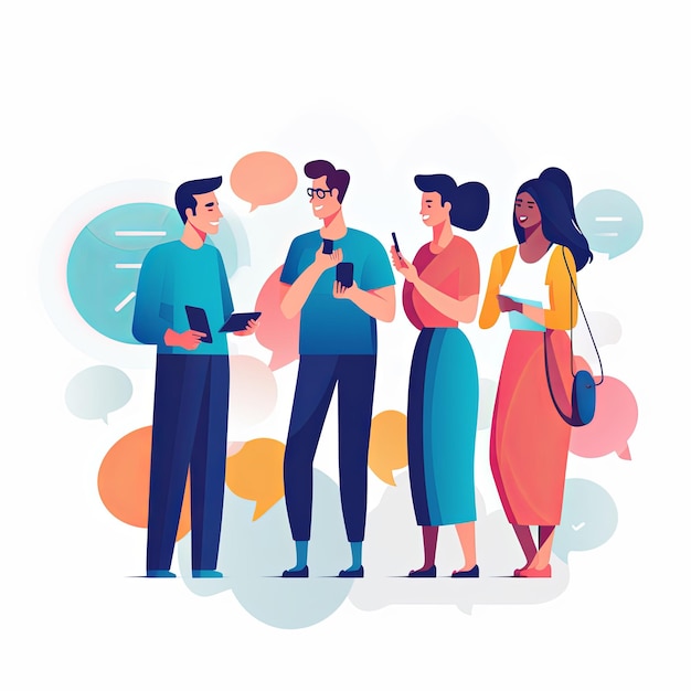 flat vector style illustration a diverse group of people talking and collaborating