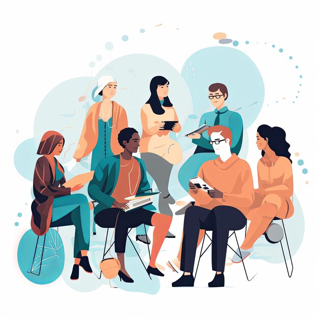 Photo flat vector style illustration a diverse group of people talking and collaborating