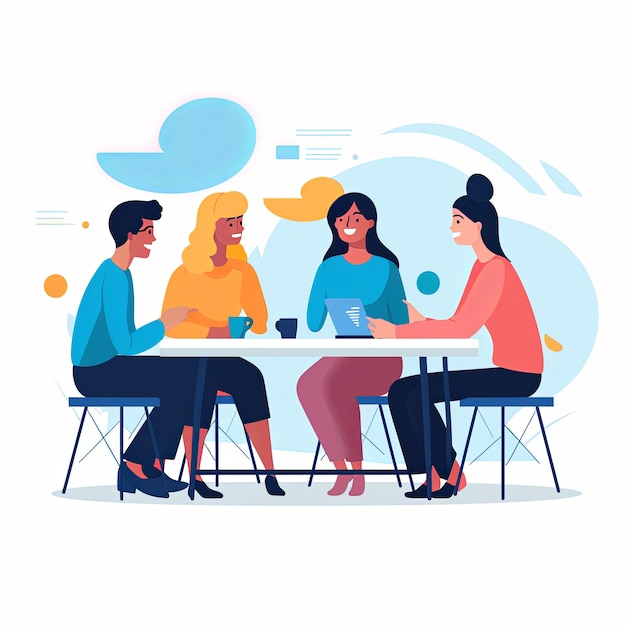 flat vector style illustration a diverse group of people talking and collaborating