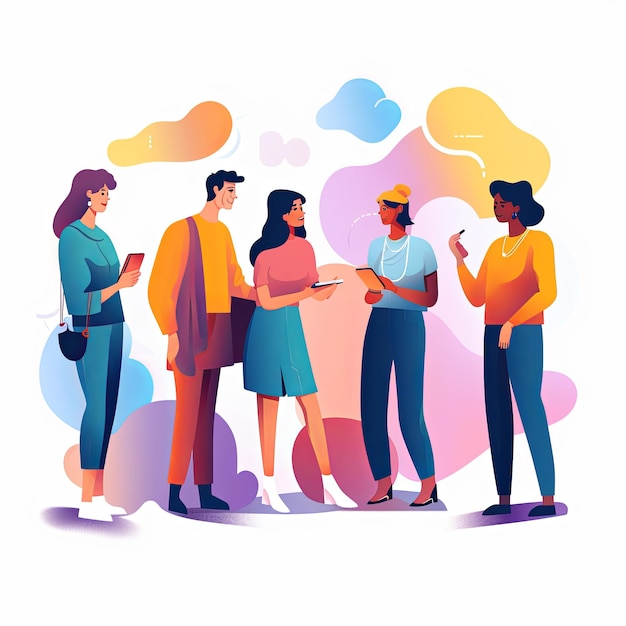 Photo flat vector style illustration a diverse group of people talking and collaborating