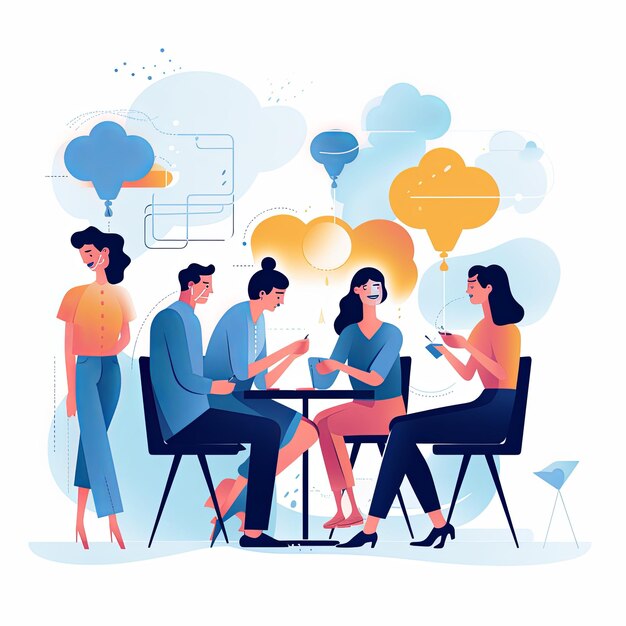 flat vector style illustration a diverse group of people talking and collaborating