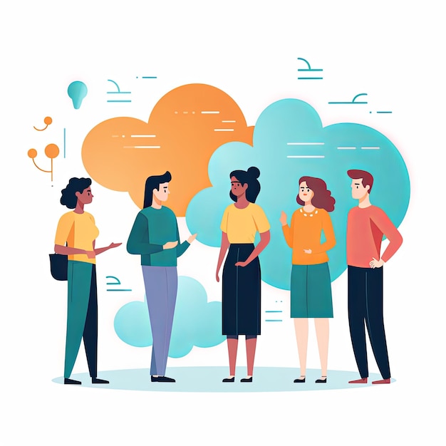 flat vector style illustration a diverse group of people talking and collaborating