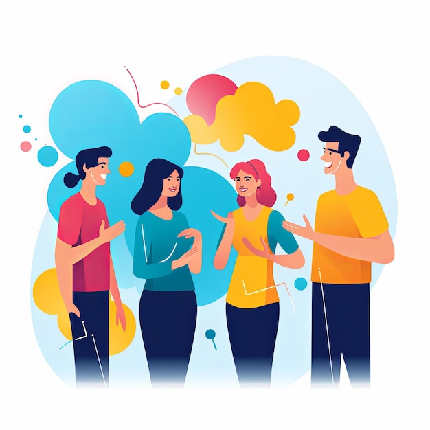 flat vector style illustration a diverse group of people talking and collaborating