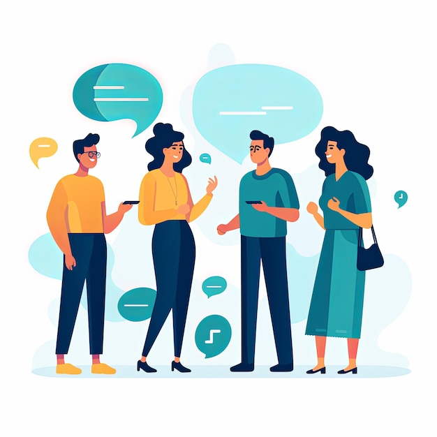 flat vector style illustration a diverse group of people talking and collaborating