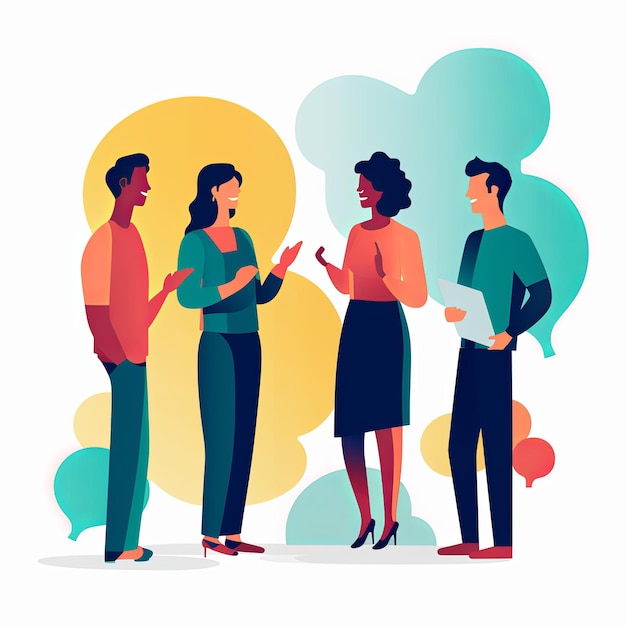 flat vector style illustration a diverse group of people talking and collaborating