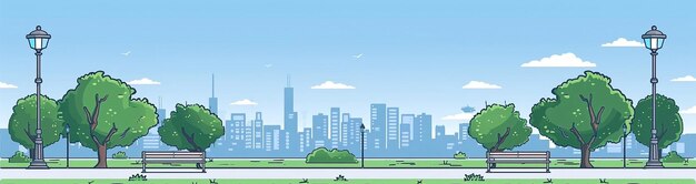 Photo flat vector urban park with benches and trees city skyline background illustration