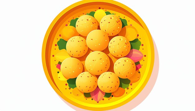 Foto stile di illustrazione vibrante piatto di laddu indiano vista superiore