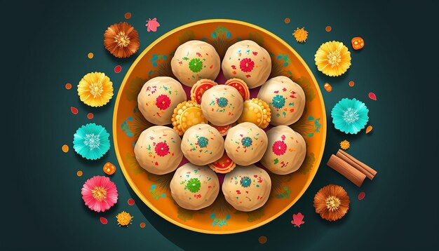 flat vibrant illustration style of indian laddu top view