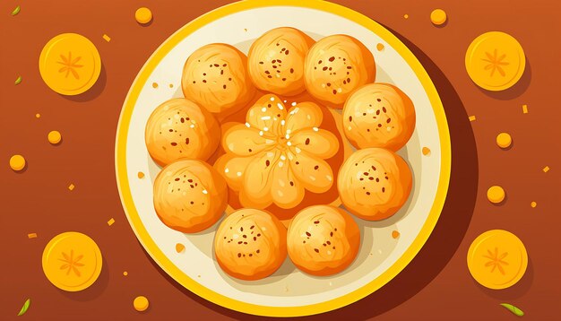 Flat vibrant illustration style of indian laddu top view