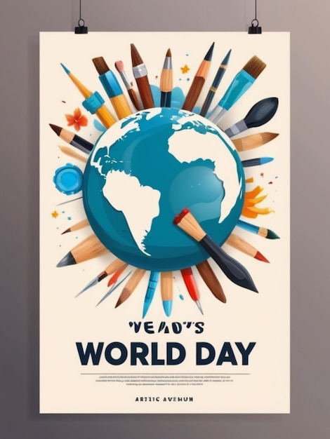 Flat world art day vertical poster template with artistic tools