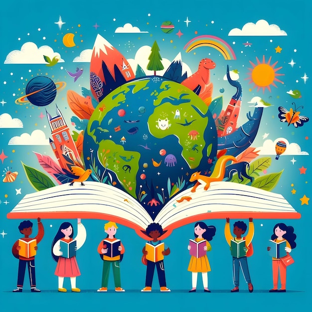 Иллюстрация Всемирного дня плоской книги Открытая книга с высказывающимся фантастическим миром Генеративный ИИ