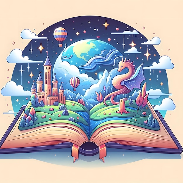 Flat World Book Day Illustration Open book with a fantasy world popping out Generative AI