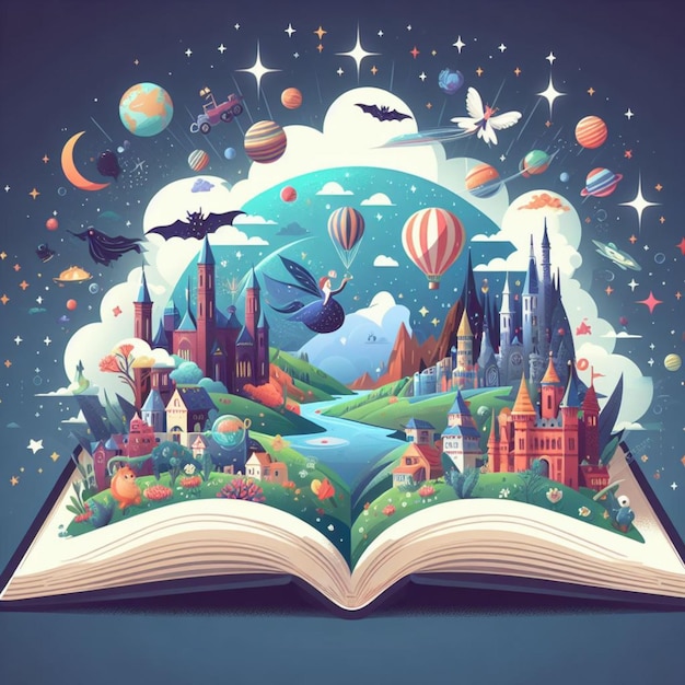 Flat World Book Day Illustration Open book with a fantasy world popping out Generative AI