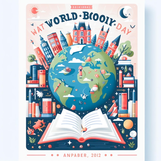 사진 평평한 세계 책 날 수직 포스터 템플릿