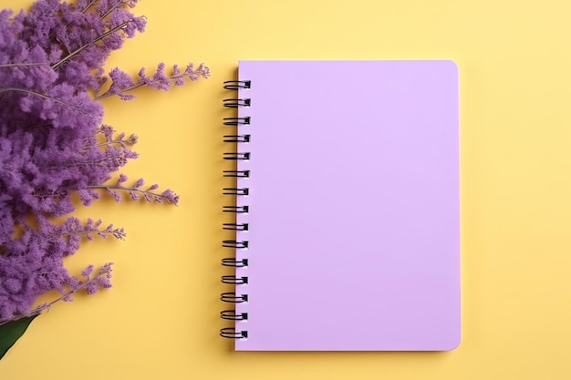 Flat yellow background with violet notebook purple supplies and empty space for text