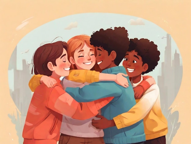 Flat youth people hugging together