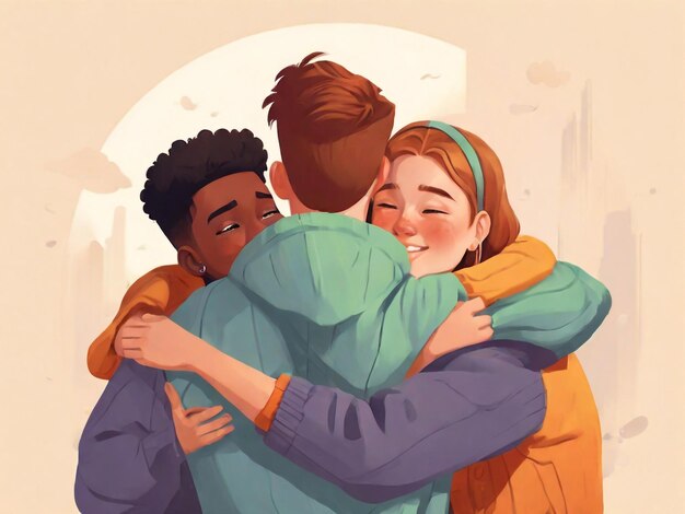 Flat youth people hugging together