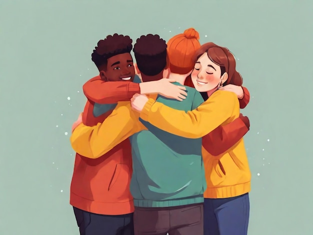 Photo flat youth people hugging together