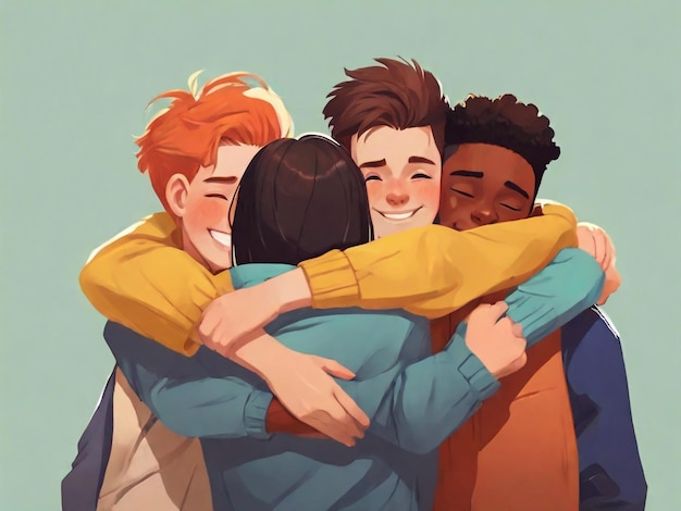 Flat youth people hugging together