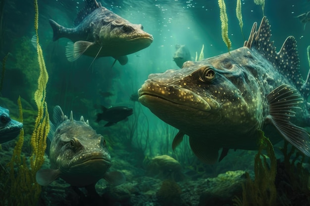 Flathead Catfish Fish Underwater Lush Nature by Generative AI