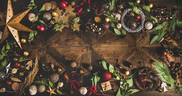 Flatlay of Christmas New Year holiday texture over rustic background