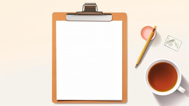 Photo flatlay of a clipboard with a checklist and a cup of tea