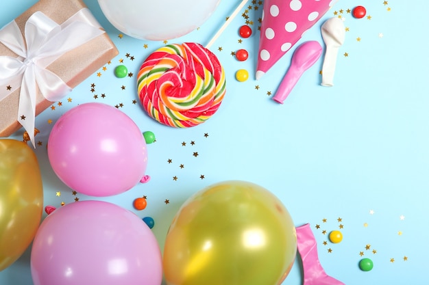 Flatlay composition with accessories for a party or birthday