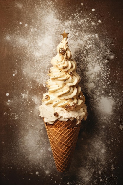 Flatlay cream cone with snow and christmas tree on textured background