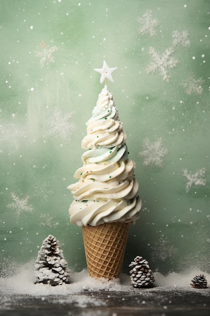 Flatlay crème kegel met sneeuw en kerstboom op gestructureerde achtergrond
