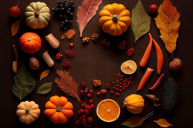 Flatlay fall produce top view Autumn vegan cooking ingredients Seasonal harvest background Ai