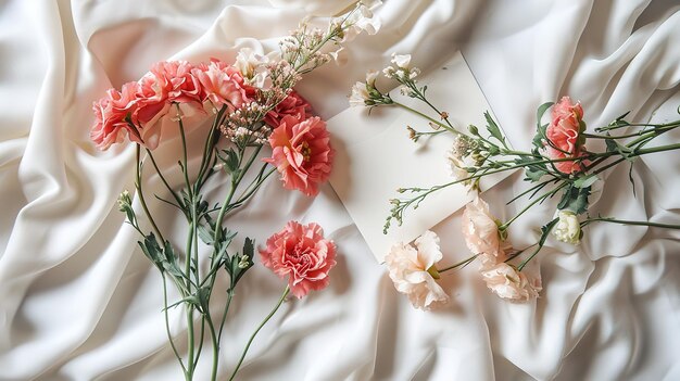 Flatlay of flowers and card over light white silk background