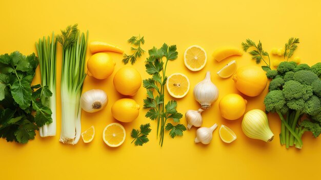 黄色いテーブルの上に新鮮な野菜のフラットレイ