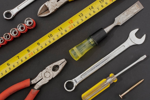 Photo flatlay of hand tools for construction work