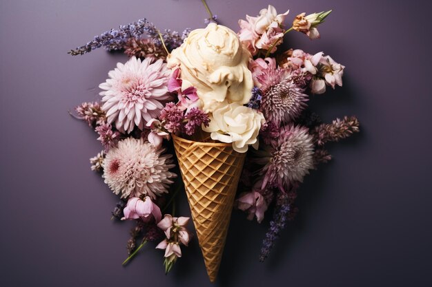 flatlay ice cream cone with the dried flowers