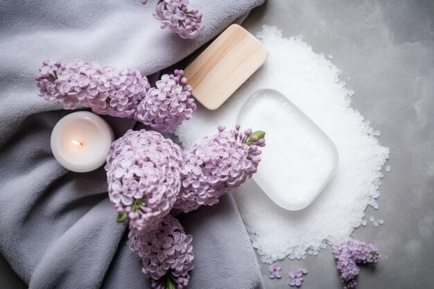 A flatlay image showcasing natural bath salt soap soft cotton towels and beautiful lilac flowers