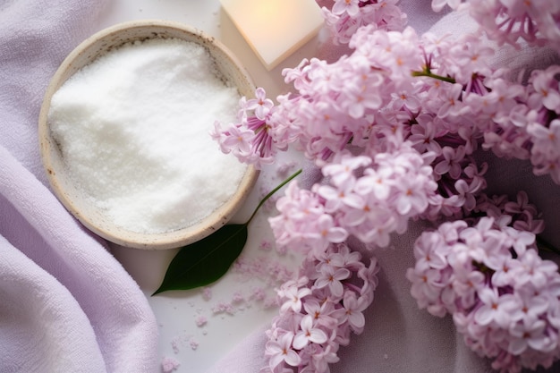 A flatlay image showcasing natural bath salt soap soft cotton towels and beautiful lilac flowers