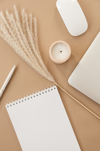 Photo flatlay lady boss business, work concept. minimal home office desk workspace on pastel beige background. blank sheet notebook, laptop, pampas grass branch, decorations.